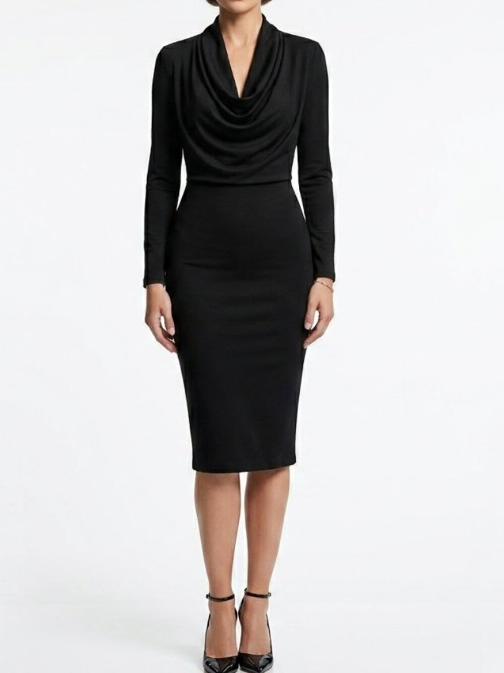 JENNIFER LOPEZ Noir Cowl Neck Midi Dress Bodycon Ruched Goth Size Large
